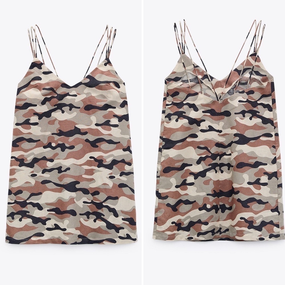 🆕 Zara Camouflage Strappy Linen Blend Dress